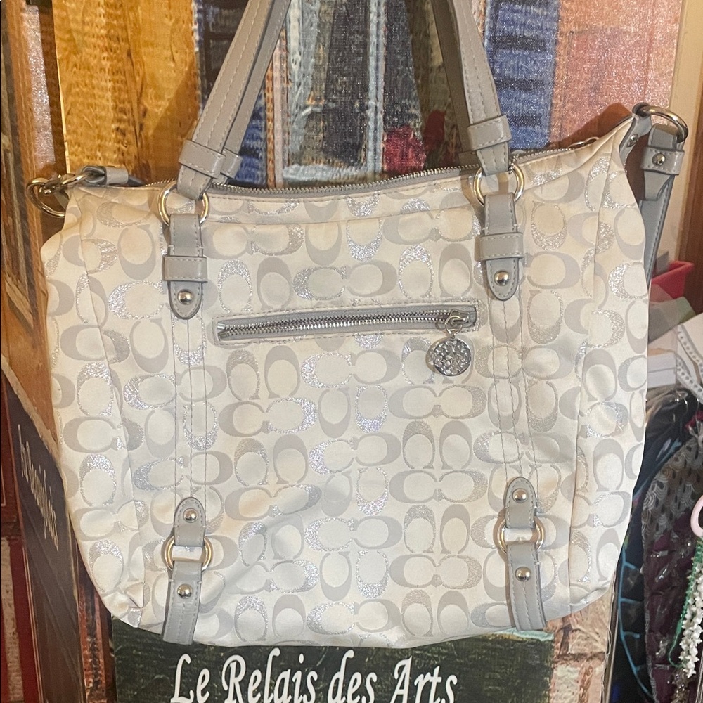 Coach Signature Shoulder Bag in Cream and Gray